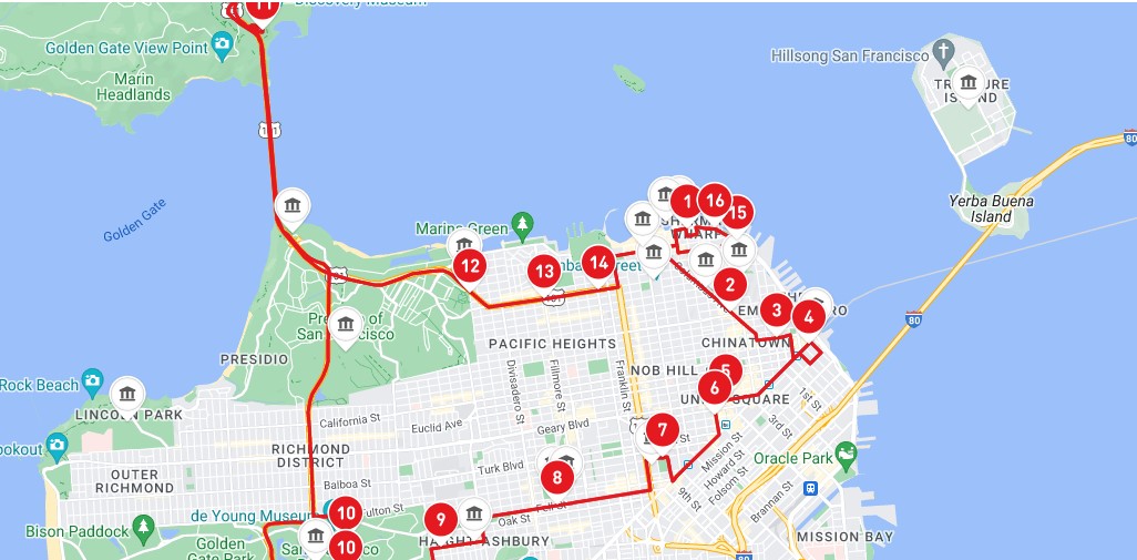 Karte der Route des San Francisco Hop on Hop off Bus